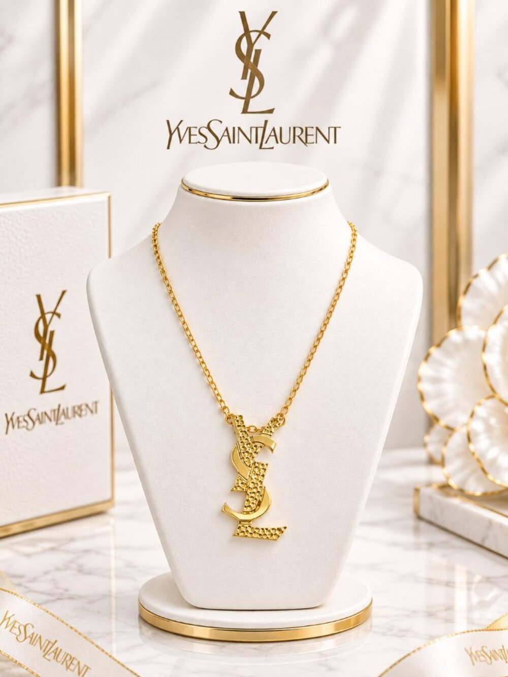 Authentic Saint Laurent YSL Gold Tone Monogram Logo Pendant Necklace